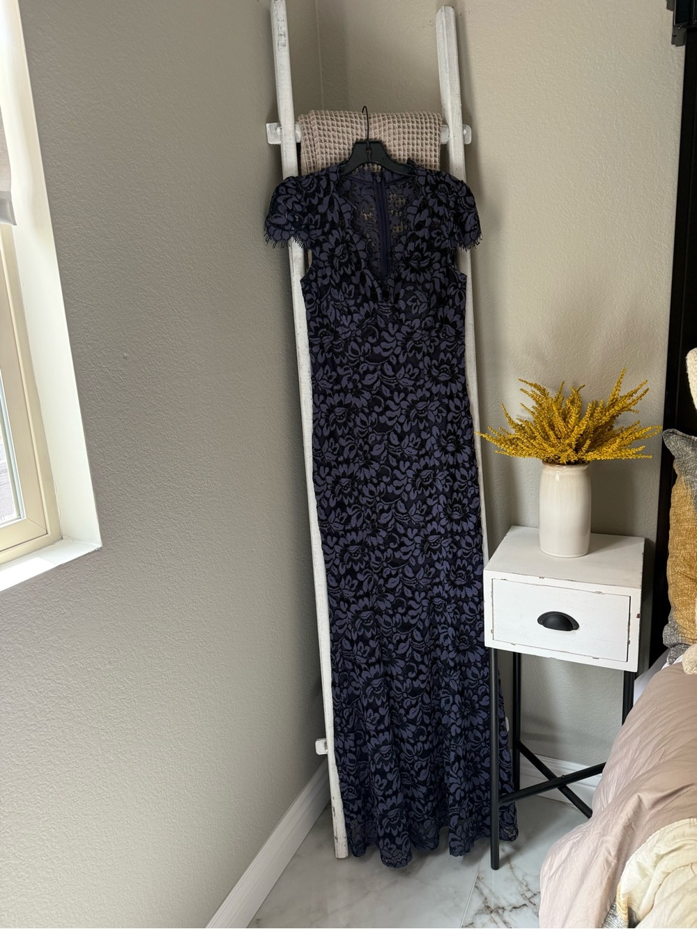 Eliza J Navy Floral Lace Cap-Sleeve Mermaid Maxi Dress - Picture 2 of 4